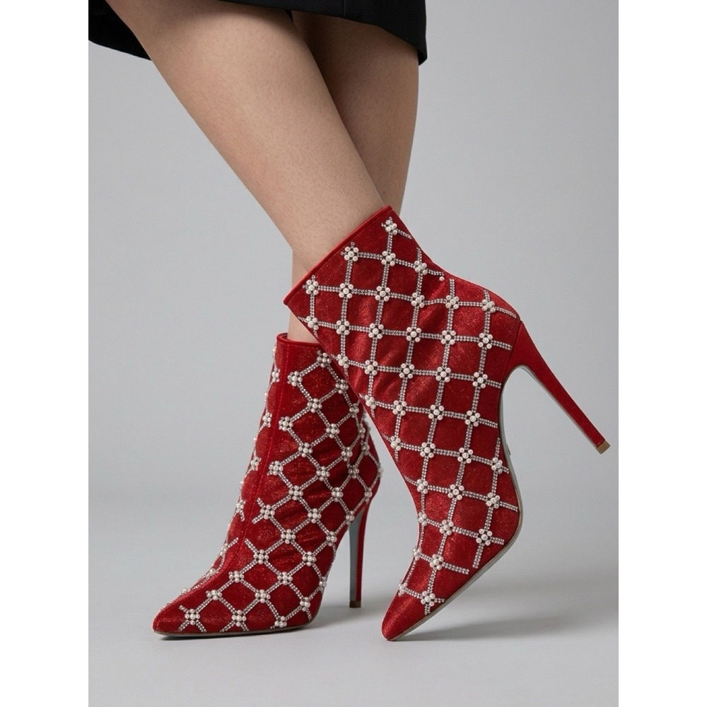 (b5/7)Betsey Johnson Larkk Sheer Jewel Embelished Booties In Red  Size 8M